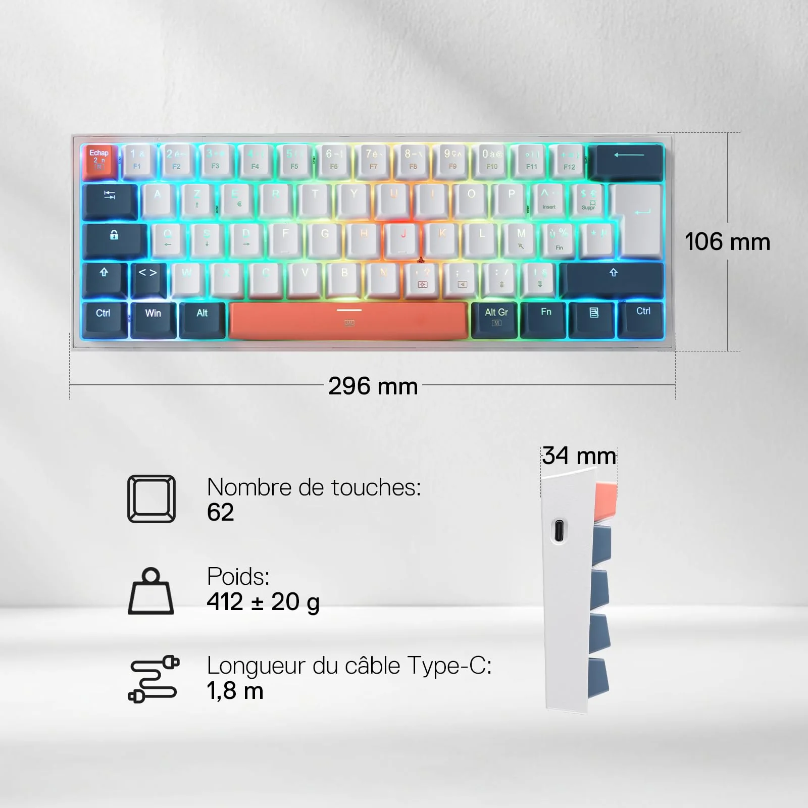 FIZZ K617 60% Clavier Gaming Mécanique AZERTY – Blanc & Bleu - Image 7