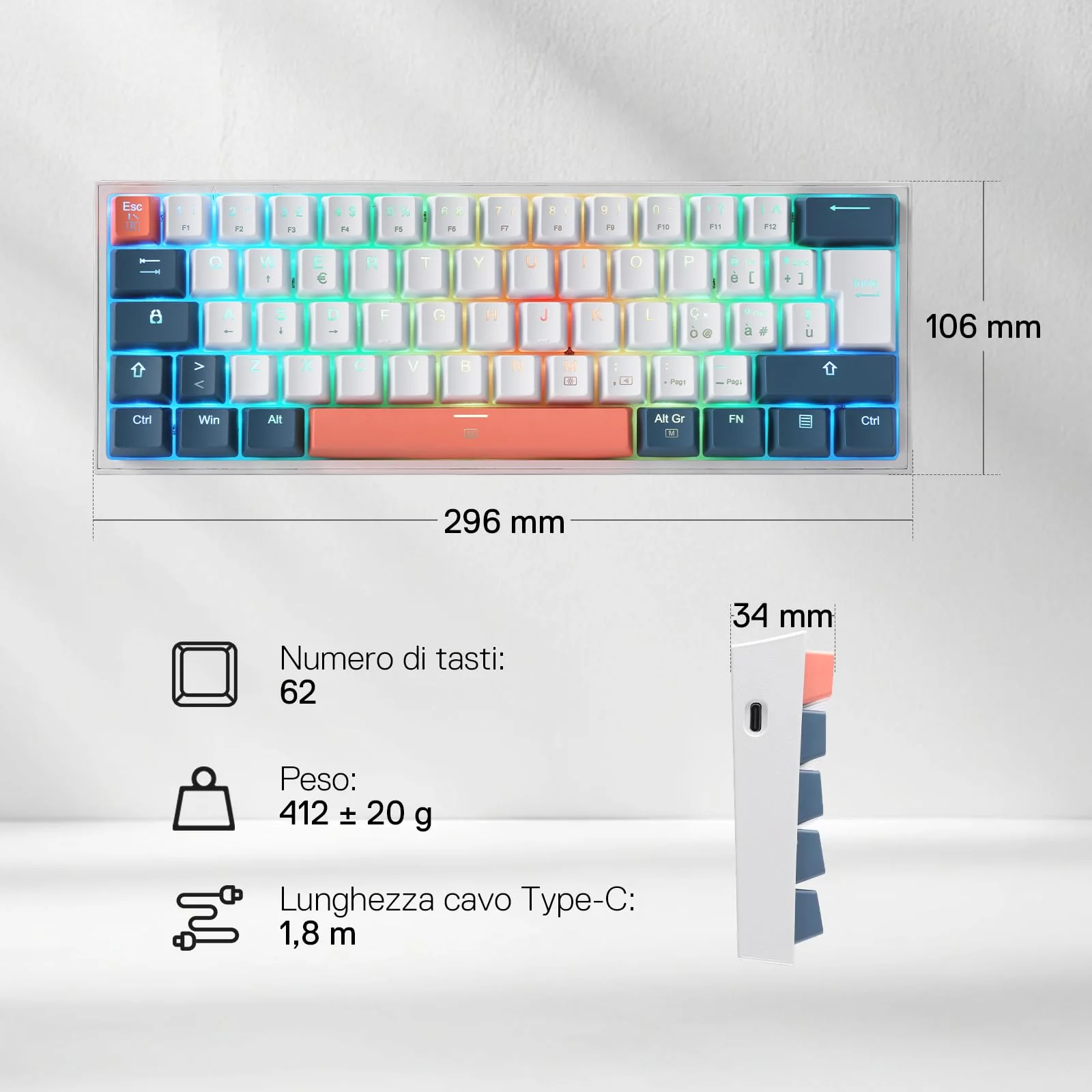 FIZZ K617 60% Tastiera Meccanica Gaming QWERTY – Bianco & Blu - Image 7